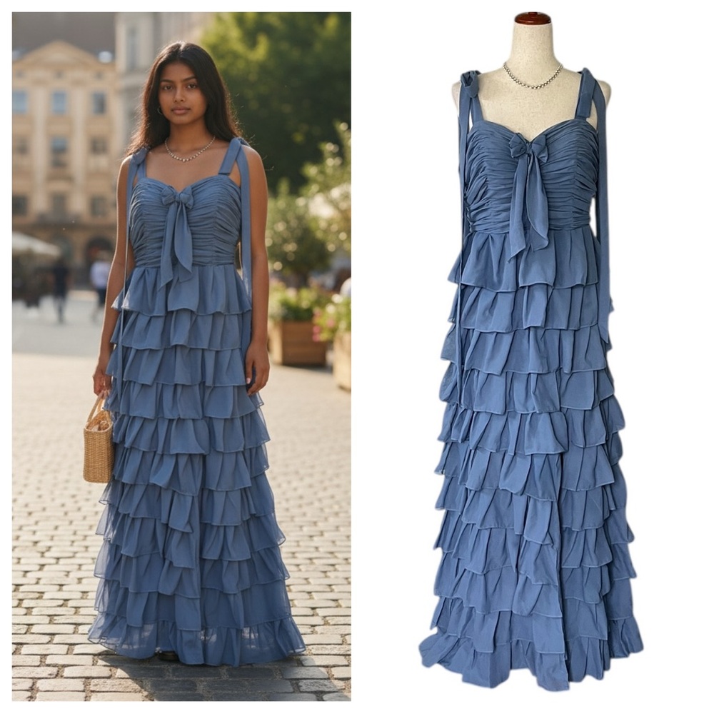 Amazon Corset Back Tie Shoulder Tiered Ruffle Formal Dress with High Slit